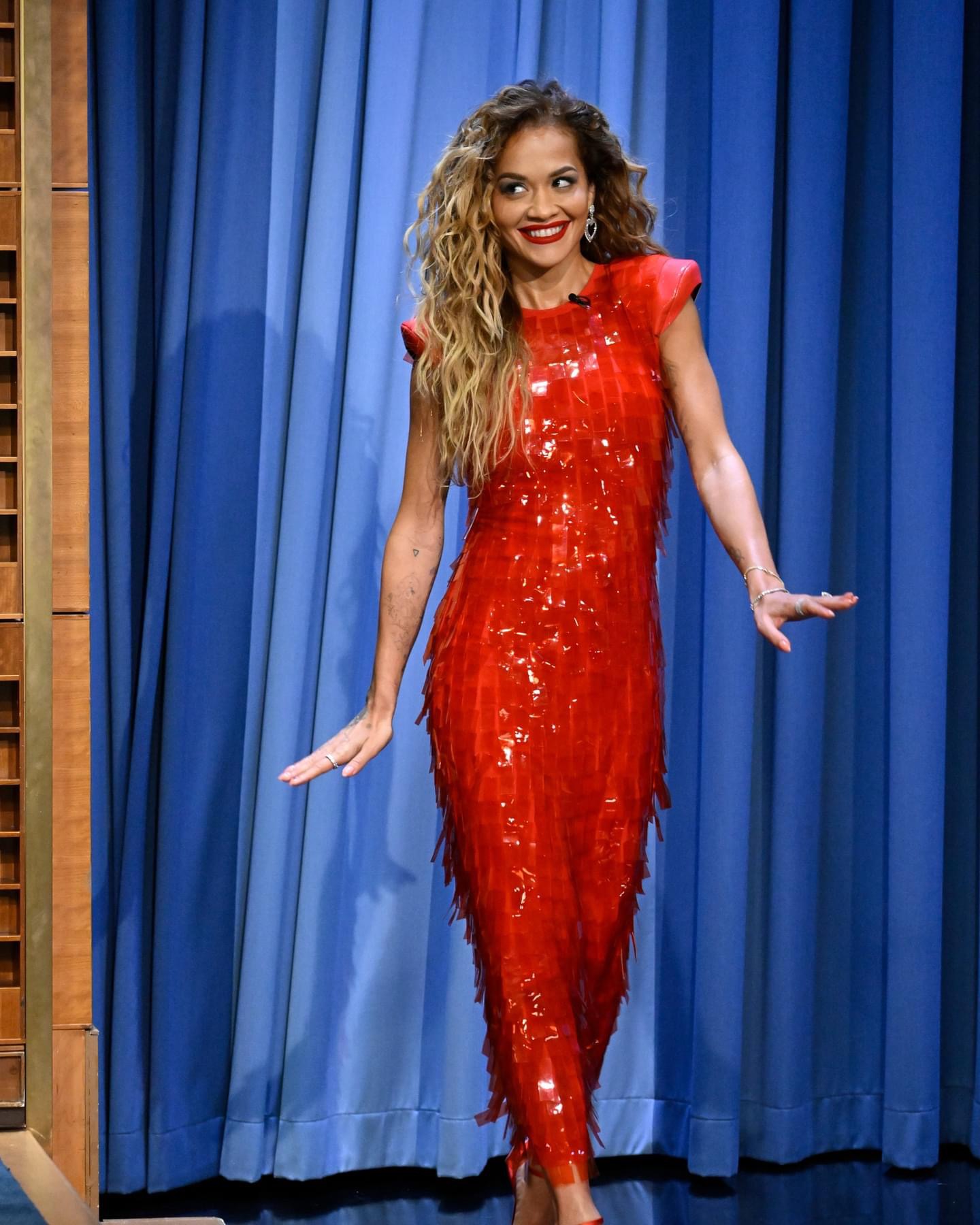 Wardrobe Breakdown: Rita Ora Red Sequins Dress On Jimmy Fallon